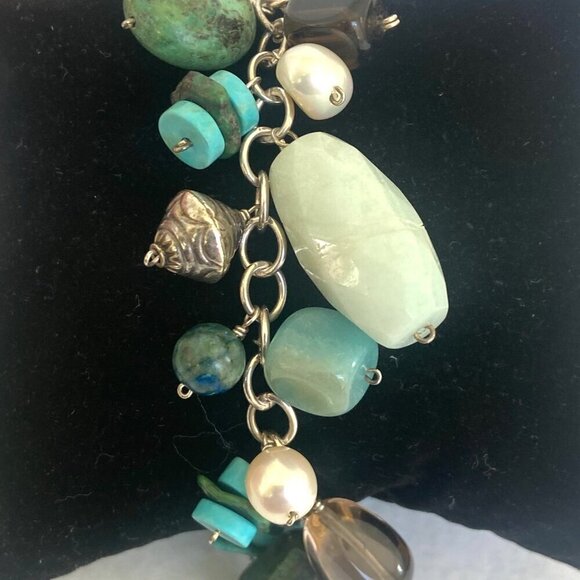 Sterling Silver 925 Beaded Multistone Turquoise Cable Chain Charm Bracelet 7.5" - Picture 12 of 16
